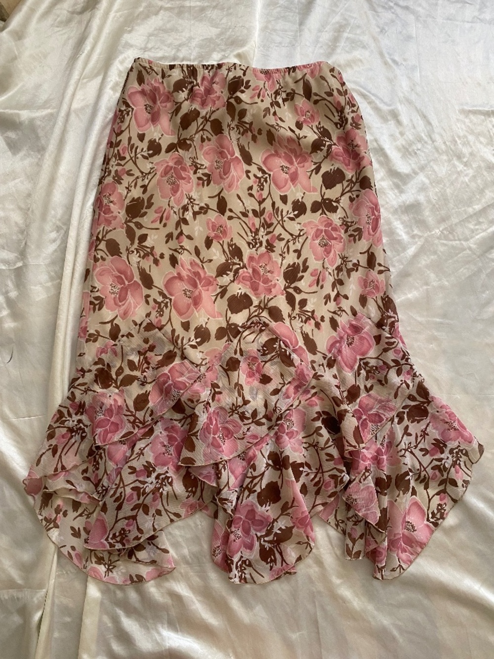 VTG y2k Pink Brown Floral Rose Asymmetrical Jellyfish Ruffle Skirt Fairy Boho 14